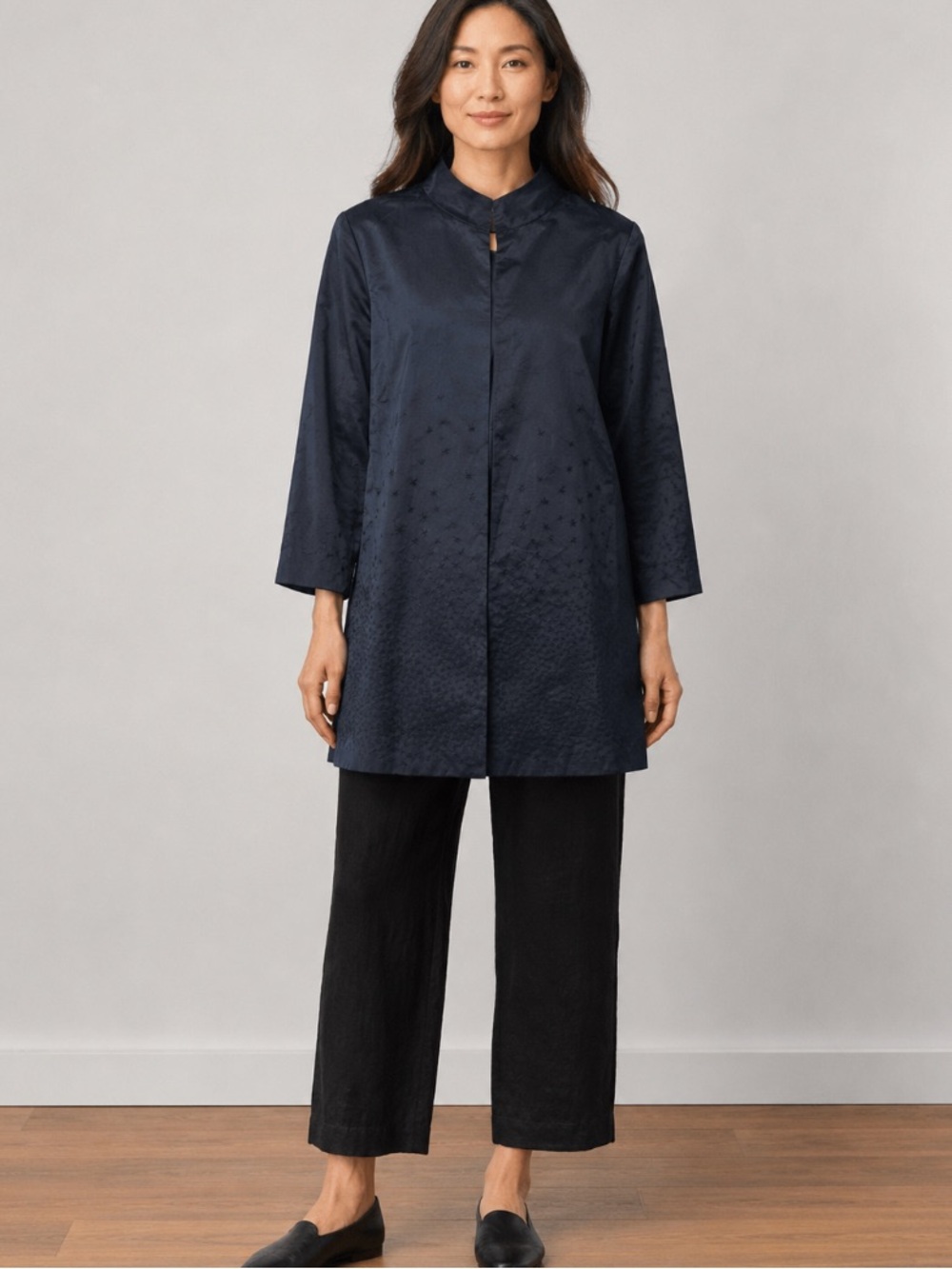 Eileen Fisher Black Jacquard A-Line Jacket Tunic Pockets Mandarin Collar 1X